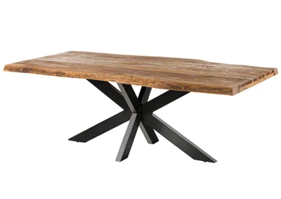 A wooden dining table with a live edge top and a black metal cross base, isolated on a white background.