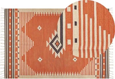 Produktbild von BELIANI Kelim-Teppich Orange Baumwolle 200 x 300 cm mit Fransen Geometrischem Muster Handgewebt Zweiseitig Modern Wohnzimmer Schlafzimmer