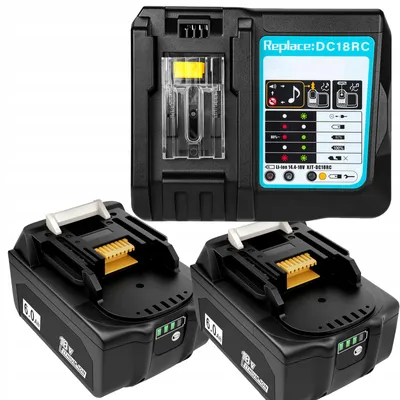 Two black 18V 6Ah batteries and a turquoise and black charger are shown against a light gray background.