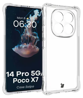 A clear, studio-style shot of a transparent phone case, with a phone inside displaying a jellyfish wallpaper.