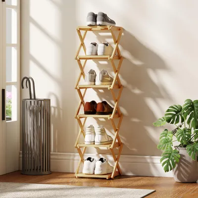 Zdjęcie produktu dla Składana półka na buty z bambusa, stojak na buty z 6 półkami, drewniana półka, naturalny wygląd | 30 x 29 x 108 cm | do 9 par butów | nie wymaga montażu