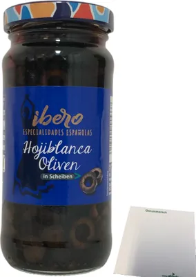 Produktbild von Ibero schwarze Hojiblanca Oliven in Scheiben 1er Pack (1x230g Glas) + usy Block