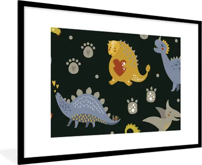 Produktbild von MuchoWow® Gerahmtes Poster Dino - Kinder - Schnittmuster - Jungen - Mädchen - Dinosaurier 90x60 cm - Poster mit Schwarzem Bilderrahmen Wandposter Rahmen Foto Bilder - Wanddekoration - Fotos