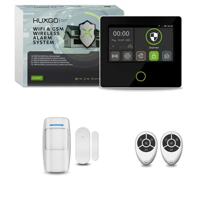 Image de Système d'alarme sans fil HUXGO pour la maison, kit Wi-Fi et GSM 4G : 1 détecteur de mouvement, 1 capteur de porte, application TUYA HXA502 B