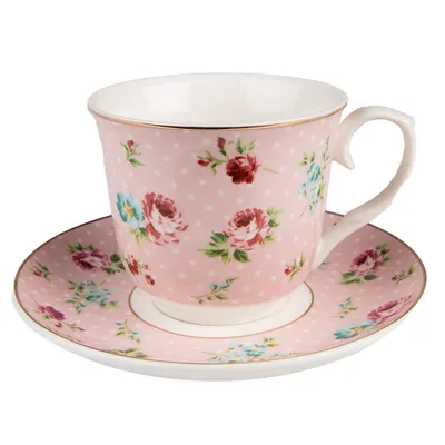 Zdjęcie produktu dla Clayre & Eef Filiżanka ze spodkiem 250 ml Różowa Porcelana Kwiaty