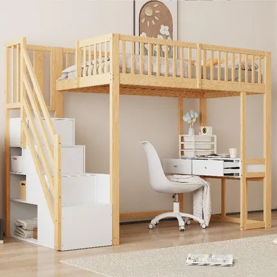 Obrázek produktu pro Postel na vyvýšený rám 90x200 cm s multifunkčním stolem a úložným schodištěm, konstrukce z borovicového dřeva a MDF v bílé barvě, vhodná do dětského pokoje