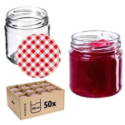 Zdjęcie produktu dla Słoiki do przetworów KADAX z pokrywką "Lerma", słoiki do przetworów, 200 ml, 50 sztuk, pokrywka z czerwoną szachownicą