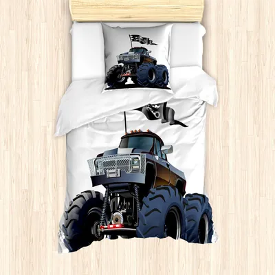 Produktbild von ABAKUHAUS Autos Bettbezug Set, Populärer Großer Suspendierungs Lkw Toter Schädel Piraten Flagge Straßen Kunst, 135 x 200 cm + 80 x 80 cm, Kadett Blau Weiß