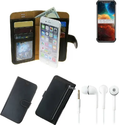 Produktbild von TOP SET Handy Hülle Schutz Hülle kompatibel mit Blackview BV9600  schwarz aus Kunstleder + Kopfhörer Smartphone Tasche vollwertige Geldbörse