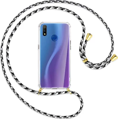 Produktbild von Handykette Backcover-Schutzhülle mit Band (Metall goldfarben) für Realme 3 Pro (X Lite) - schwarz/grau/weiß