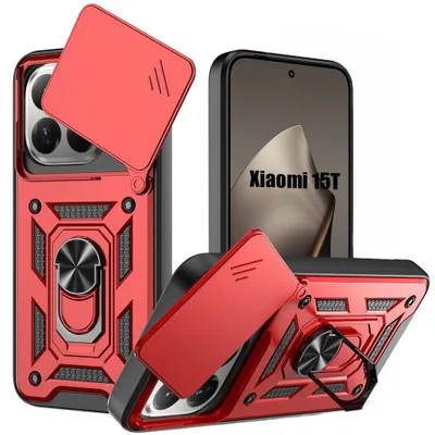 Image de Coque pour Xiaomi 15T - Protection Ultra Résistante avec Anneau et Cache Caméra Coulissant - Rouge