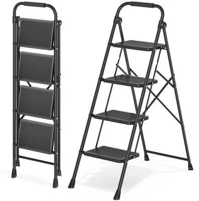 Imagen del producto de Escalera plegable de 4 escalones, con barandilla, con capacidad de carga de hasta 150 kg, para uso doméstico