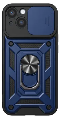 Zdjęcie produktu dla Etui Mayaxess do iPhone 14 z obrotowym pierścieniem magnetycznym i wysuwaną osłoną aparatu, kolor: granatowy