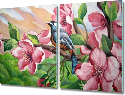 Produktbild von Coloray Hackbrett Kochplattenabdeckung Herdabdeckplatte 2x40x52 cm Schneidebrett Küchenbrett - Blumen Vogel