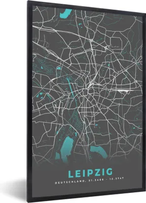 Produktbild von MuchoWow® Gerahmtes Poster Stadtplan - Leipzig - Deutschland - Karte 20x30 cm - Poster mit Schwarzem Bilderrahmen Wandposter Rahmen Foto Bilder - Drucken - Bilder Poster im Rahmen