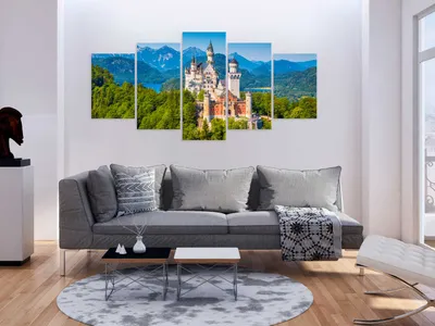 Produktbild von Akustikbild Neuschwanstein 200x100 cm Bilder Akustikschaum Hochleistungsschallabsorber Schallschutz Leinwand 5 tlg Wandbild Raumakustik Schalldämmung Stadt Schloss d-B-0166-b-m