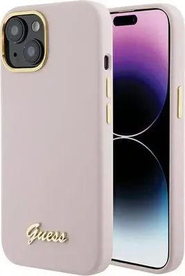 Immagine prodotto di Custodia Guess per iPhone 15 Plus e iPhone 14 Plus - Logo e cornice in metallo - Rosa