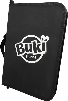 A black zippered case with the Buki logo and text 'France' printed on it.