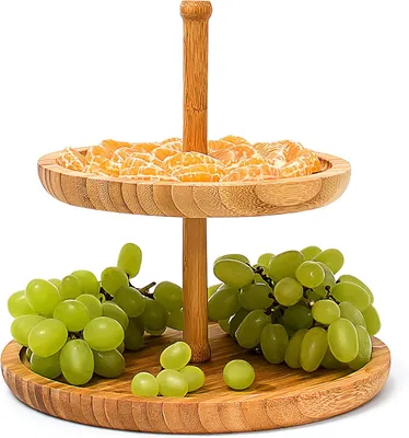 Productafbeelding van Etagère 2 - Laags - Bamboe - H: 25 cm - Ø 25 cm - Houten fruitschaal - Ook voor gebak of koekjes - Naturel