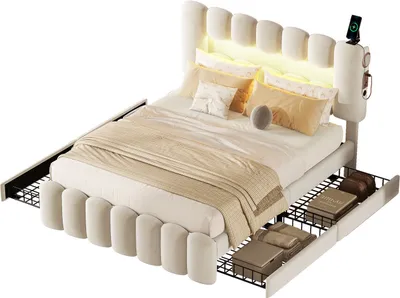 Produktbild von Polsterbett(140 x 200,Weiss)Polsterbett mit 4 Schubladen,Kinderbett mit LED-Lichtleiste mit USB und Stereoanlage