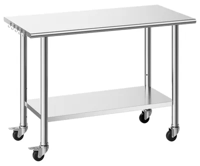 Image de Table de travail en acier inoxydable, 61x122 cm, table de préparation alimentaire sur roulettes, poste de travail pour cuisine professionnelle avec étagère réglable, table de travail utilitaire en métal, pour usage en extérieur dans les restaurants