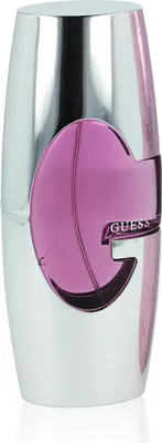 A perfume bottle with a silver and pink design.