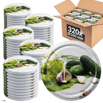 Zdjęcie produktu dla SUPERBUTELKI - 320x zakrętki wieczka fi 100 mm OGÓRKI do słoików, słoika, słojów