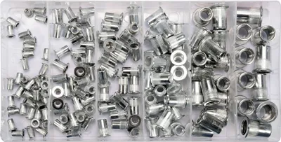 A clear, overhead shot of a plastic organizer box filled with various sizes of aluminum rivet nuts.