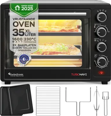 Produktbild von TurboTronic Minibackofen - EV35 - mit Umluft und Drehspieß 35 Liter, Schwarz, inkl. 2x Backblech, 1600W Mini Tisch Backofen Camping Pizzaofen Klein/Groß