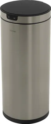 A silver and black automatic trash can with a black lid.