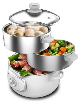 A three-tiered electric steamer filled with food.