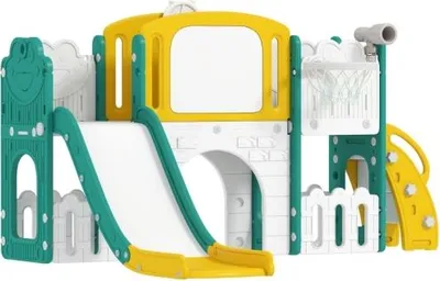 Produktbild von Gelb Gruen 176x150x94cm 7in1 Rutschenset fuer Kleinkinder Basketballkorb Froschdesign Klettergeruest Schaukelsitz fuer Drinnen und Draussen