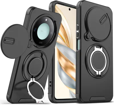 Immagine prodotto di Custodia a doppio strato per Honor X9C Smart, con copertura scorrevole della fotocamera e supporto ad anello magnetico Nero