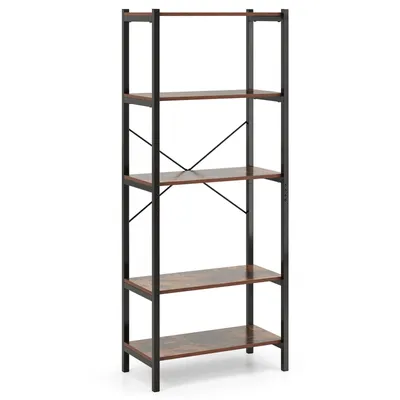 Produktbild von GOPLUS Bücherregal mit 5 Ebenen, Standregal mit Metallrahmen, freistehendes Regal mit offenen Ablagen, Aufbewahrungsregal Leiterregal Regal, braun