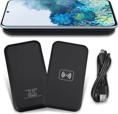 A smartphone is shown on top of a wireless charger, with two wireless chargers and a USB cable below.