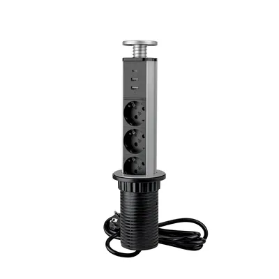 Produktbild von Emuca abnehmbarer Multistecker Vertikal, 3 x Schuko-Stecker, 1 x USB Typ A, 1 x USB Typ C, Kunststoff und Aluminium, Metallic Grau