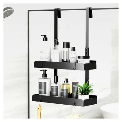 Produktbild von Hängende Duschablage 2-stöckig 55,5 cm Duschregal ohne Bohren Edelstahl Duschkorb mit Haken – Badezimmer Organizer für Shampoo Schwarz