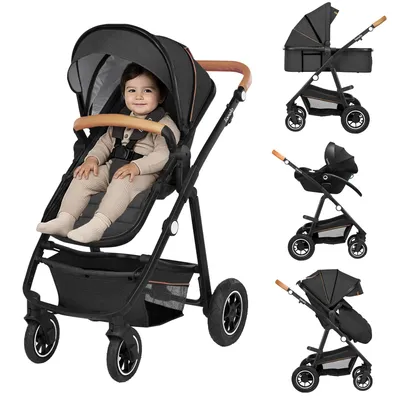 A collage of images showing a baby in a stroller and different configurations of the stroller.