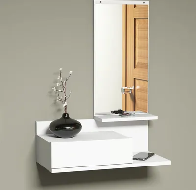 Image de Étagère murale Gundsø Étagère suspendue Blanc avec tiroir Étagère suspendue avec miroir Étagère flottante Entrée Tableau mural