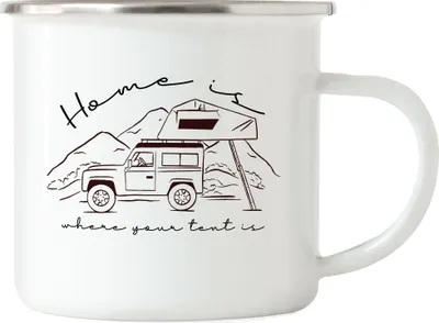Produktbild von Emaille Camping Tasse mit Spruch Home is where your tent is Geschenk Tasse für Camper Wohnmobil Geländewagen Dachzelt