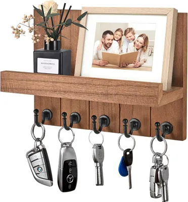 Produktbild von Schlüsselbrett mit Ablage, Schlüsselbrett Holz mit 5 Schlüsselhaken, Schlüsselboard, Schlüssel Aufbewahrung für Eingang, Flur, Wohnzimmer, Braun