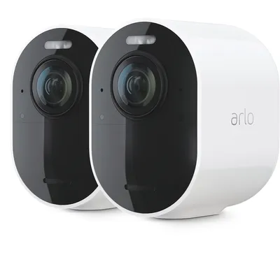Two white Arlo security cameras are shown against a white background.