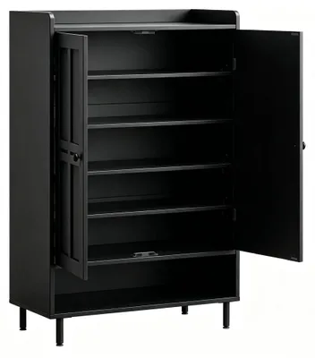 Produktbild von Schuhschrank - Landhaus Schuhregal - Profilierte Türen - Drei verstellbare Einlegeböden - Metallfüße - 114 cm hoch - Holz - Schwarz
