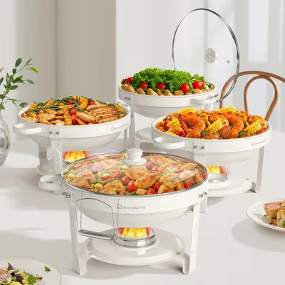 Produktbild von WARMOUNTS Chafing Dish Buffet 5L 4er Set Weiße, Maifan Stein Beschichtung Rund Speisenwärmer für Catering mit Glasdeckel & Deckelhalter Edelstahl