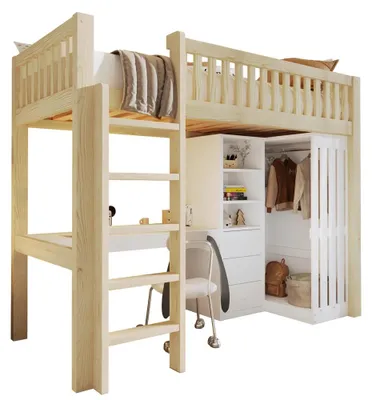 Image de Lit superposé avec bureau et armoire - 90 x 200 cm - Bois de pin - 3 tiroirs et étagère ouverte - Barrière de sécurité et escalier - Sans matelas - Finition bois