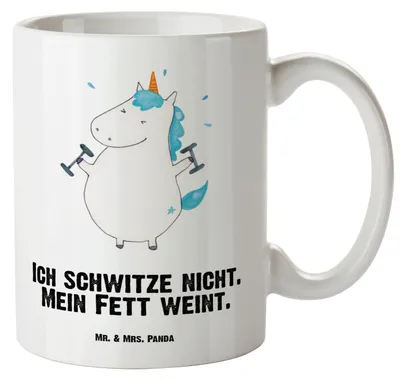 Produktbild von Mr. & Mrs. Panda Keramiktasse Einhorn Fitness - Weiß - Geschenk, Sport, Gym, Pumpen, hochwertige tasse, weisse, Fitnessstudio, Einhörner, steingut, Riesentasse, Deko