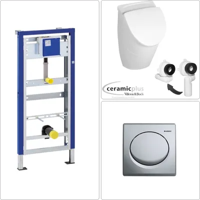 Produktbild von VILLEROY & BOCH O.NOVO Keramik Absaug Urinal mit CeramicPlus Beschichtung + Deckel, GEBERIT Vorwandgestell & Betätigungsplatte, chrom