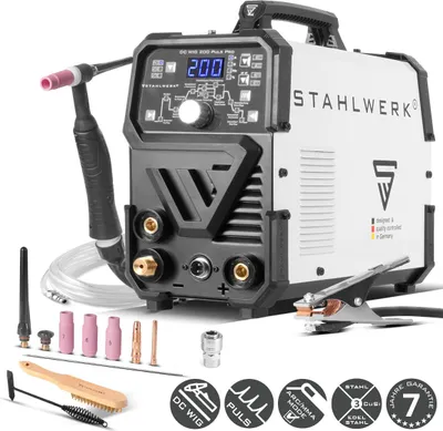Produktbild von STAHLWERK Schutzgasschweißgerät 2-in-1 Kombi DC WIG 200 Puls Pro – WIG & MMA bis 200 A, Pulsfunktion, Dünnblech, Stahl, Edelstahl, Kupfer, Messing