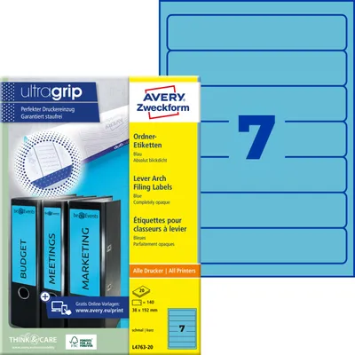 Produktbild von Avery Zweckform L4763-20, Ordner-Etiketten, A4, Qualitätsdruck mit: ultragrip, 38 x 192 mm, 140 Etiketten / 20 Bögen, blau