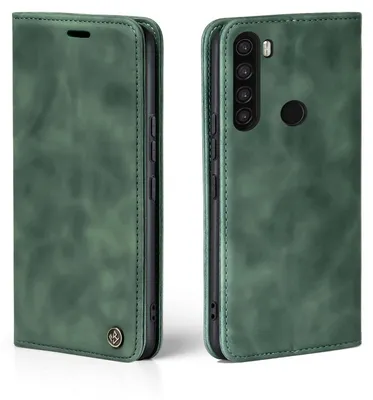 A product shot of a green flip case for a smartphone, shown from two angles.